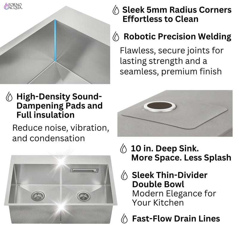 Forno Acqua 33-Inch Drop-In/Undermount 50/50 Double Bowl Stainless Steel Sink with Faucet & Waterfall (G-ZN30)