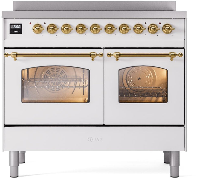 ILVE Nostalgie II 40-Inch Freestanding Electric Induction Range in White with Brass Trim (UPDI406NMPWHG)