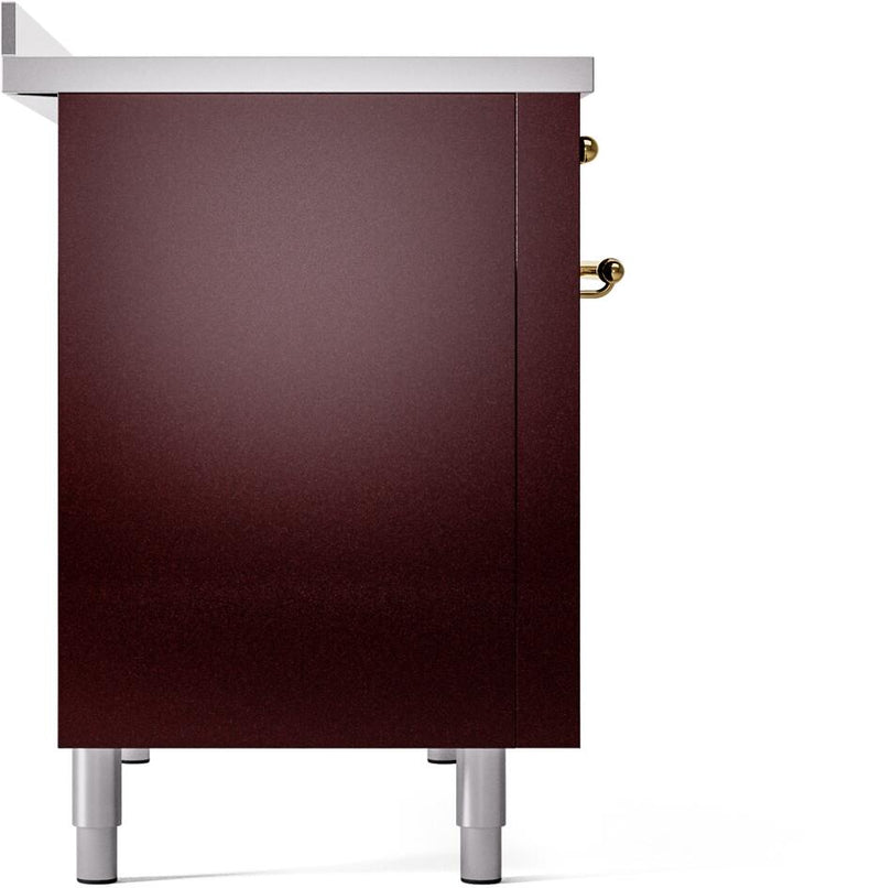 ILVE Nostalgie II 48-Inch Freestanding Electric Induction Range in Burgundy with Brass Trim (UPI486NMPBUG)