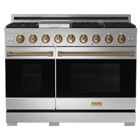 Gordon Ramsay by Thor Kitchen 48-Inch Professional Natural Gas Range with 6.8 Cu. Ft. Double Oven in Stainless Steel with Bronze Trim (RSG48E-BRZ)