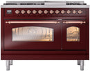 ILVE Nostalgie II 48-Inch Dual Fuel Freestanding Range with Removable Griddle in Burgundy with Copper Trim (UP48FNMPBUP)