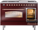 ILVE Nostalgie II 48-Inch Dual Fuel Freestanding Range with Removable Griddle in Burgundy with Copper Trim (UP48FNMPBUP)