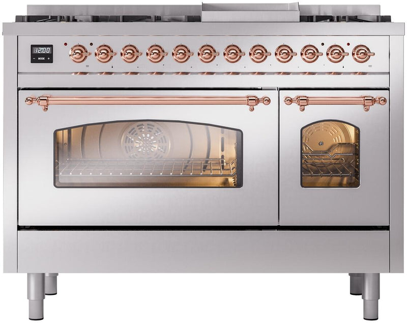 ILVE Nostalgie II 48-Inch Dual Fuel Freestanding Range with Removable Griddle in Stainless Steel with Copper Trim (UP48FNMPSSP)