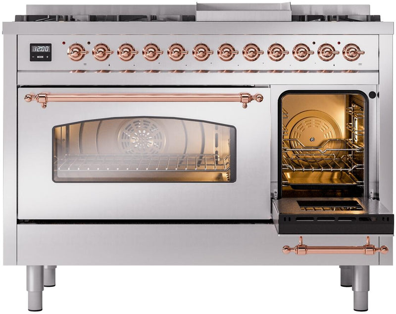 ILVE Nostalgie II 48-Inch Dual Fuel Freestanding Range with Removable Griddle in Stainless Steel with Copper Trim (UP48FNMPSSP)