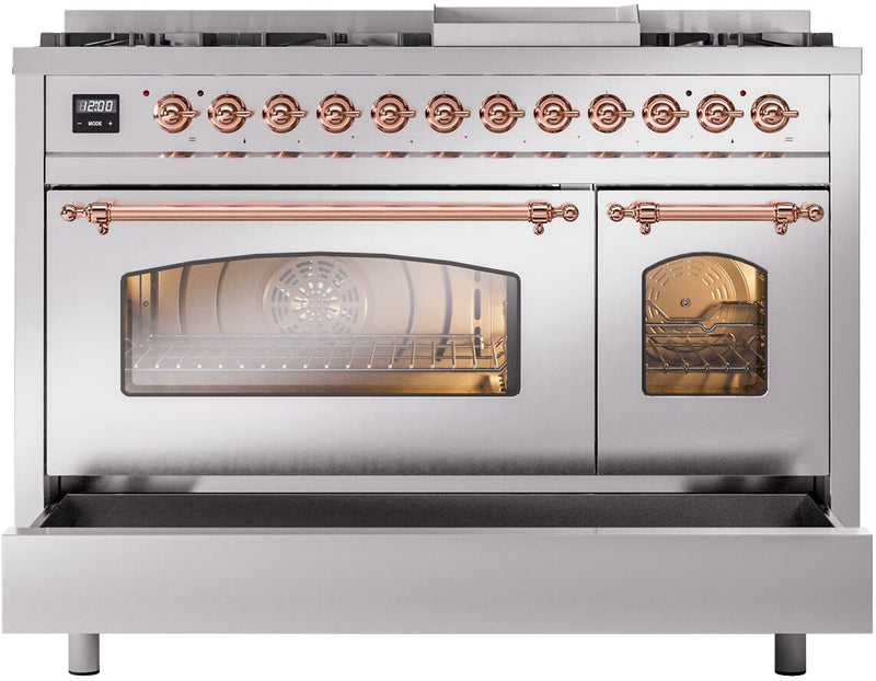 ILVE Nostalgie II 48-Inch Dual Fuel Freestanding Range with Removable Griddle in Stainless Steel with Copper Trim (UP48FNMPSSP)