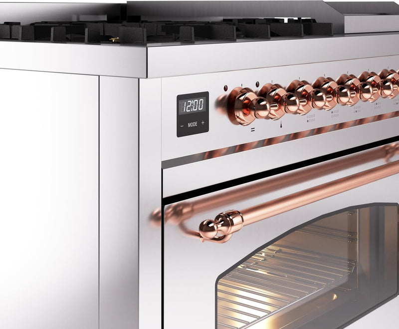 ILVE Nostalgie II 48-Inch Dual Fuel Freestanding Range with Removable Griddle in Stainless Steel with Copper Trim (UP48FNMPSSP)