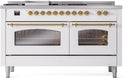 ILVE Nostalgie II 60-Inch Dual Fuel Freestanding Range with Removable Griddle in White with Brass Trim (UP60FSNMPWHG)