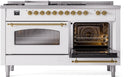ILVE Nostalgie II 60-Inch Dual Fuel Freestanding Range with Removable Griddle in White with Brass Trim (UP60FSNMPWHG)