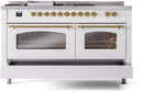 ILVE Nostalgie II 60-Inch Dual Fuel Freestanding Range with Removable Griddle in White with Brass Trim (UP60FSNMPWHG)