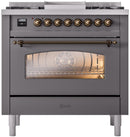 ILVE Nostalgie II 36-Inch Dual Fuel Freestanding Range with Removable Griddle in Matte Graphite with Bronze Trim (UP36FNMPMGB)