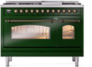 ILVE Nostalgie II 48-Inch Dual Fuel Freestanding Range with Removable Griddle in Emerald Green with Bronze Trim (UP48FNMPEGB)