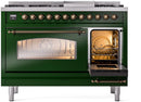 ILVE Nostalgie II 48-Inch Dual Fuel Freestanding Range with Removable Griddle in Emerald Green with Bronze Trim (UP48FNMPEGB)