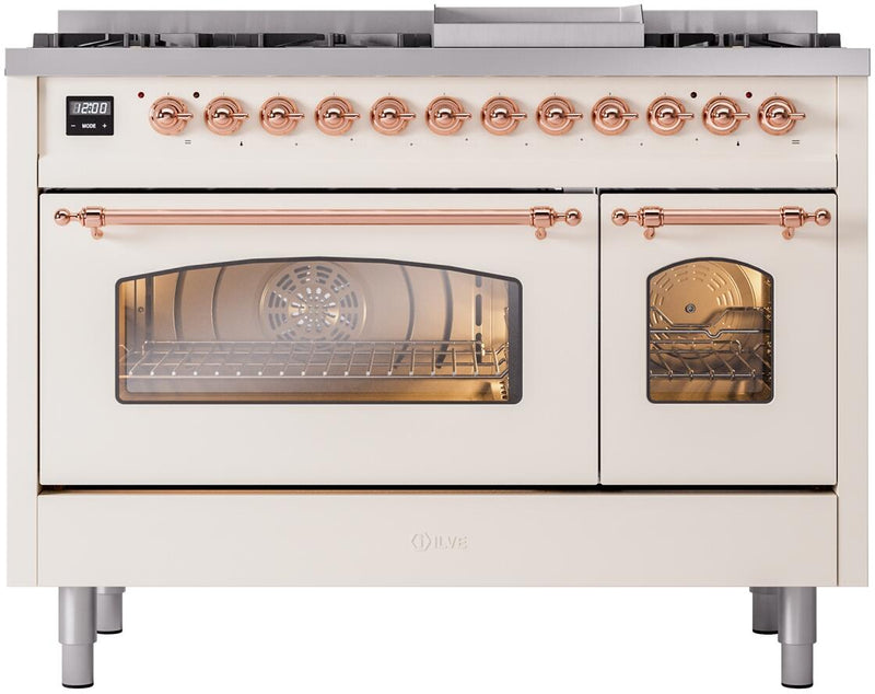 ILVE Nostalgie II 48-Inch Dual Fuel Freestanding Range with Removable Griddle in Antique White with Copper Trim (UP48FNMPAWP)