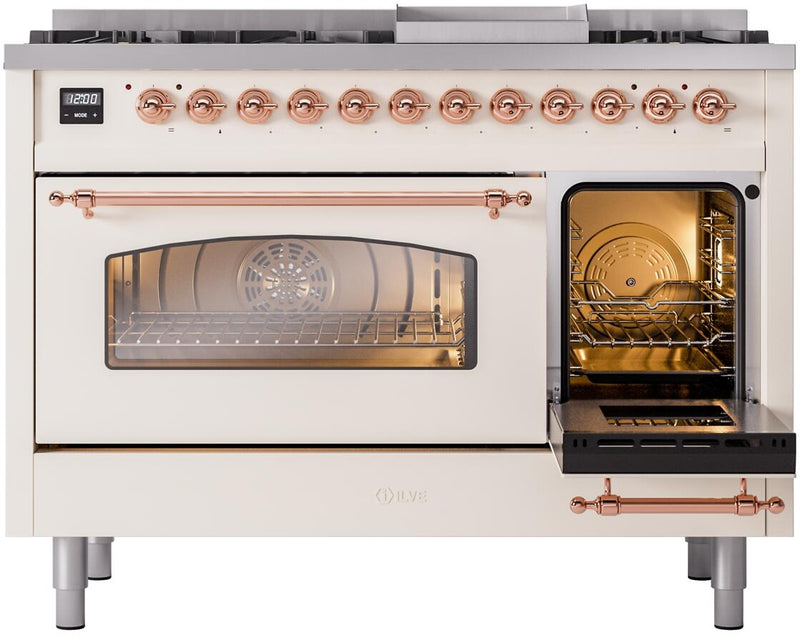 ILVE Nostalgie II 48-Inch Dual Fuel Freestanding Range with Removable Griddle in Antique White with Copper Trim (UP48FNMPAWP)