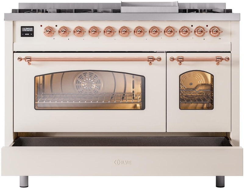 ILVE Nostalgie II 48-Inch Dual Fuel Freestanding Range with Removable Griddle in Antique White with Copper Trim (UP48FNMPAWP)