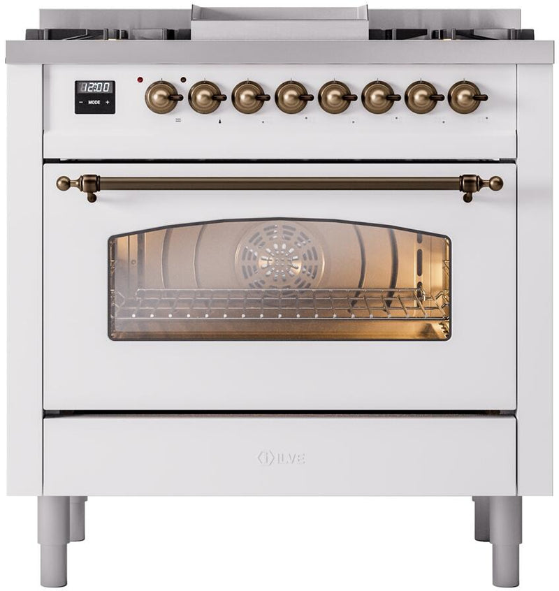 ILVE Nostalgie II 36-Inch Dual Fuel Freestanding Range with Removable Griddle in White with Bronze Trim (UP36FNMPWHB)