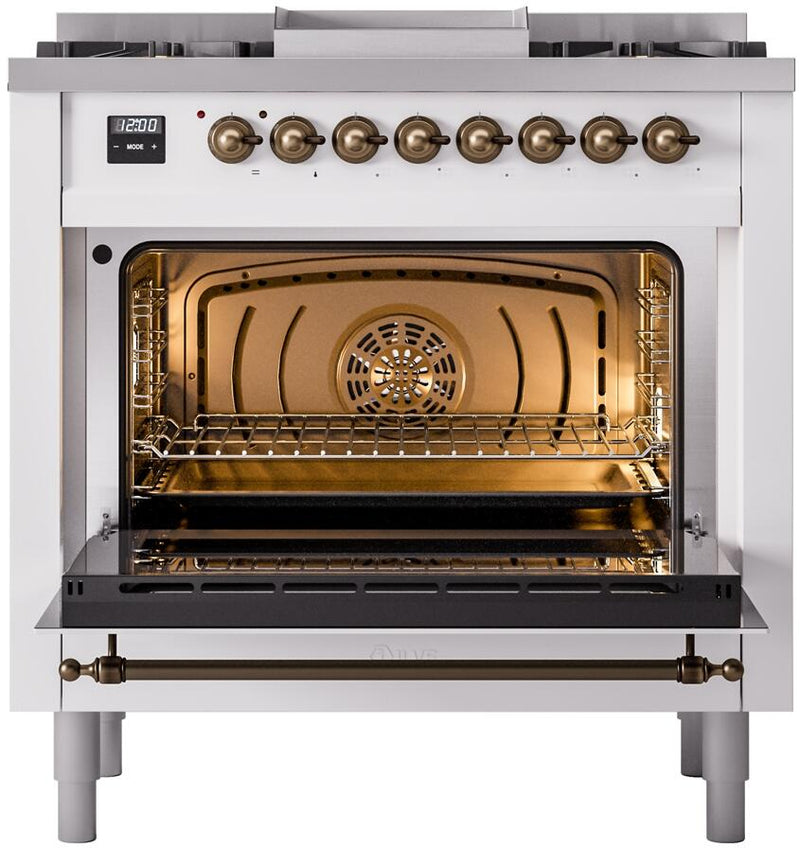 ILVE Nostalgie II 36-Inch Dual Fuel Freestanding Range with Removable Griddle in White with Bronze Trim (UP36FNMPWHB)