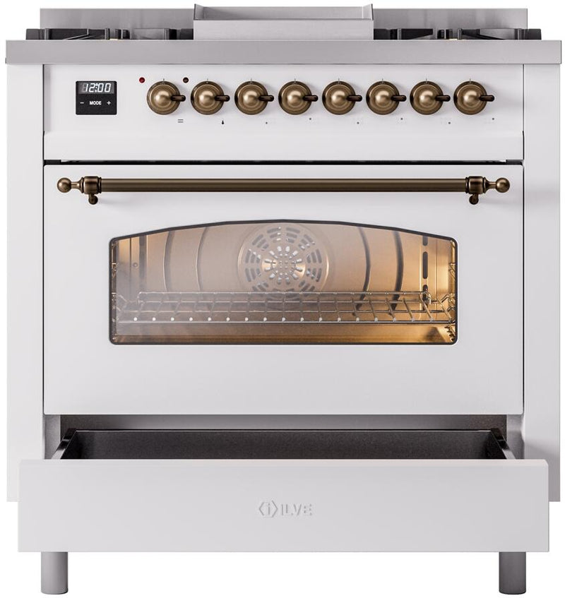 ILVE Nostalgie II 36-Inch Dual Fuel Freestanding Range with Removable Griddle in White with Bronze Trim (UP36FNMPWHB)