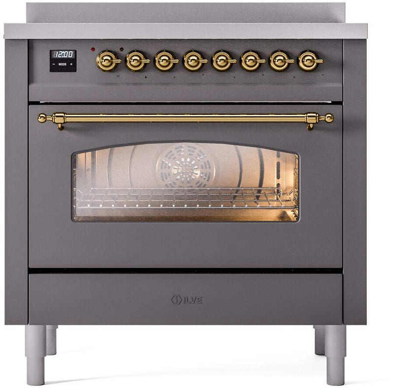 ILVE Nostalgie II 36-Inch Freestanding Electric Induction Range in Matte Graphite with Brass Trim (UPI366NMPMGG)