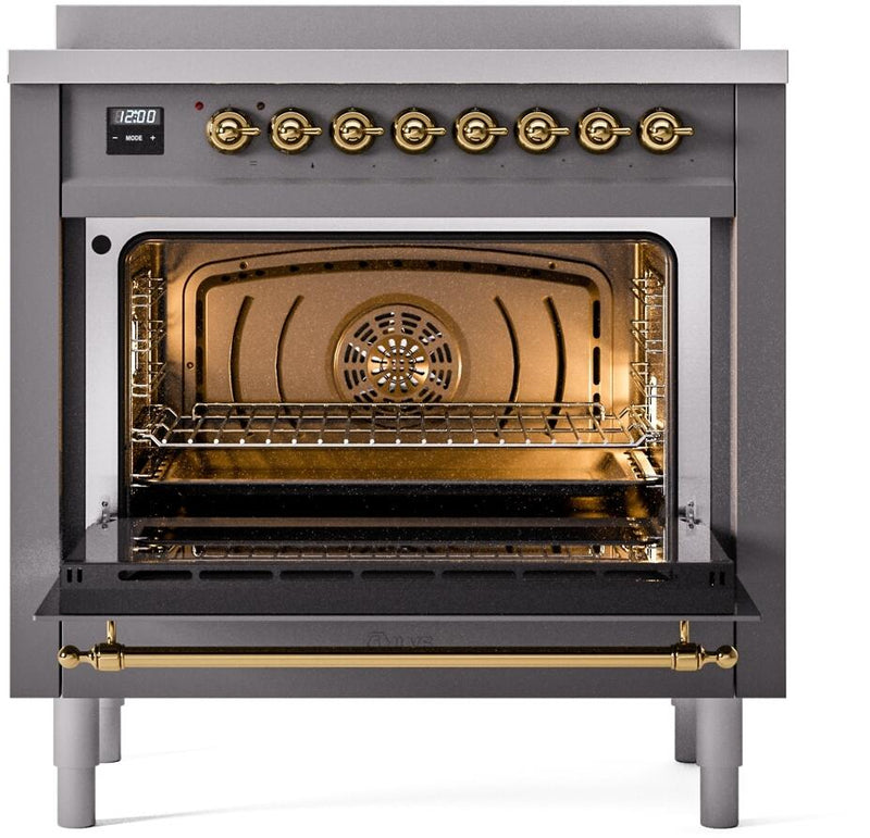 ILVE Nostalgie II 36-Inch Freestanding Electric Induction Range in Matte Graphite with Brass Trim (UPI366NMPMGG)