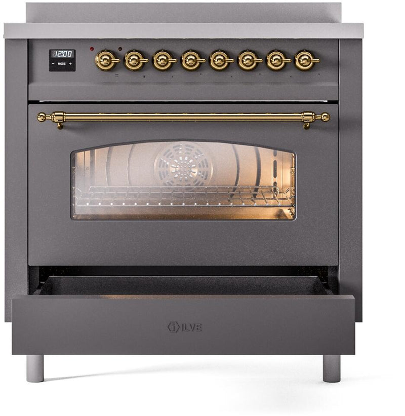 ILVE Nostalgie II 36-Inch Freestanding Electric Induction Range in Matte Graphite with Brass Trim (UPI366NMPMGG)