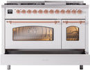 ILVE Nostalgie II 48-Inch Dual Fuel Freestanding Range with Removable Griddle in White with Copper Trim (UP48FNMPWHP)
