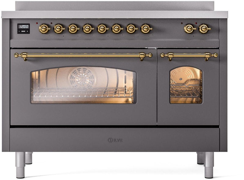 ILVE Nostalgie II 48-Inch Freestanding Electric Induction Range in Matte Graphite with Brass Trim (UPI486NMPMGG)