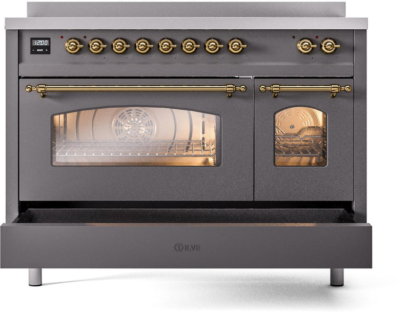 ILVE Nostalgie II 48-Inch Freestanding Electric Induction Range in Matte Graphite with Brass Trim (UPI486NMPMGG)