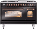 ILVE Nostalgie II 48-Inch Dual Fuel Freestanding Range with Removable Griddle in Glossy Black with Copper Trim (UP48FNMPBKP)