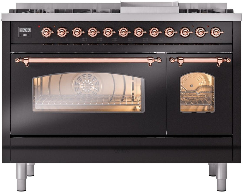 ILVE Nostalgie II 48-Inch Dual Fuel Freestanding Range with Removable Griddle in Glossy Black with Copper Trim (UP48FNMPBKP)