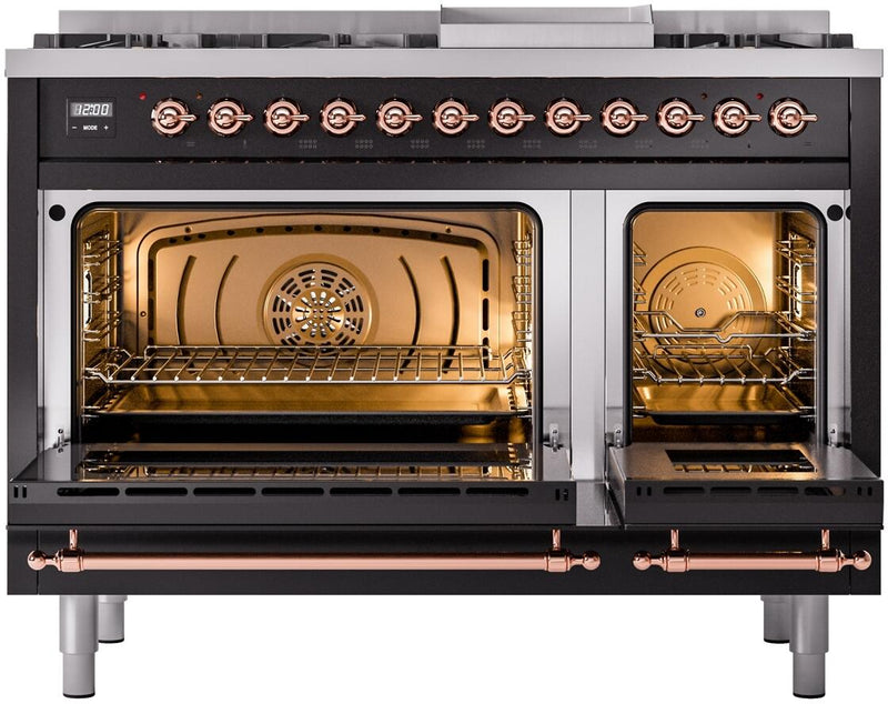 ILVE Nostalgie II 48-Inch Dual Fuel Freestanding Range with Removable Griddle in Glossy Black with Copper Trim (UP48FNMPBKP)