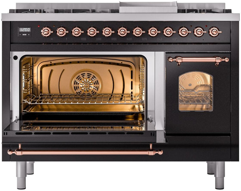 ILVE Nostalgie II 48-Inch Dual Fuel Freestanding Range with Removable Griddle in Glossy Black with Copper Trim (UP48FNMPBKP)