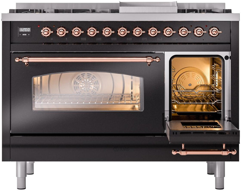 ILVE Nostalgie II 48-Inch Dual Fuel Freestanding Range with Removable Griddle in Glossy Black with Copper Trim (UP48FNMPBKP)