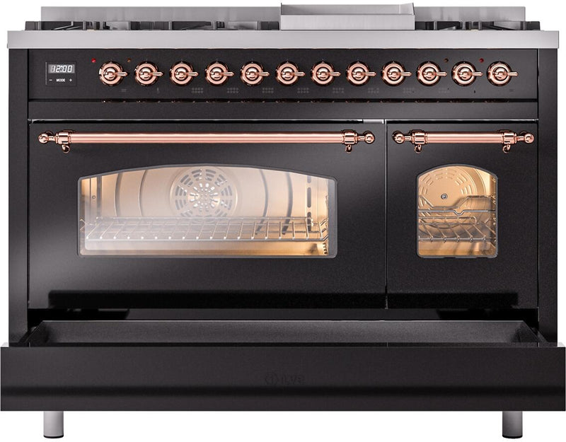 ILVE Nostalgie II 48-Inch Dual Fuel Freestanding Range with Removable Griddle in Glossy Black with Copper Trim (UP48FNMPBKP)