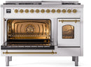ILVE Nostalgie II 48-Inch Dual Fuel Freestanding Range with Removable Griddle in White with Brass Trim (UP48FNMPWHG)