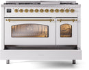 ILVE Nostalgie II 48-Inch Dual Fuel Freestanding Range with Removable Griddle in White with Brass Trim (UP48FNMPWHG)