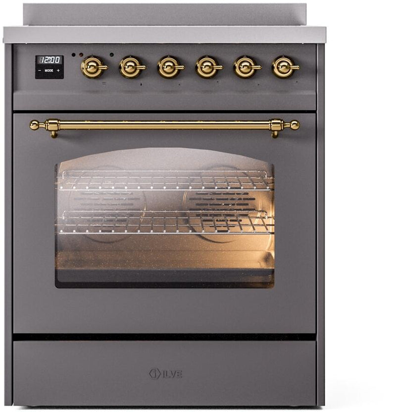 ILVE Nostalgie II 30-Inch Freestanding Electric Induction Range in Matte Graphite with Brass Trim (UPI304NMPMGG)