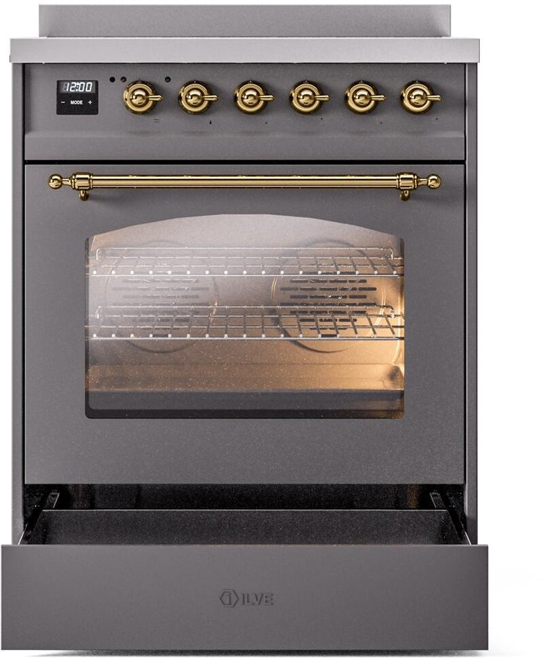 ILVE Nostalgie II 30-Inch Freestanding Electric Induction Range in Matte Graphite with Brass Trim (UPI304NMPMGG)