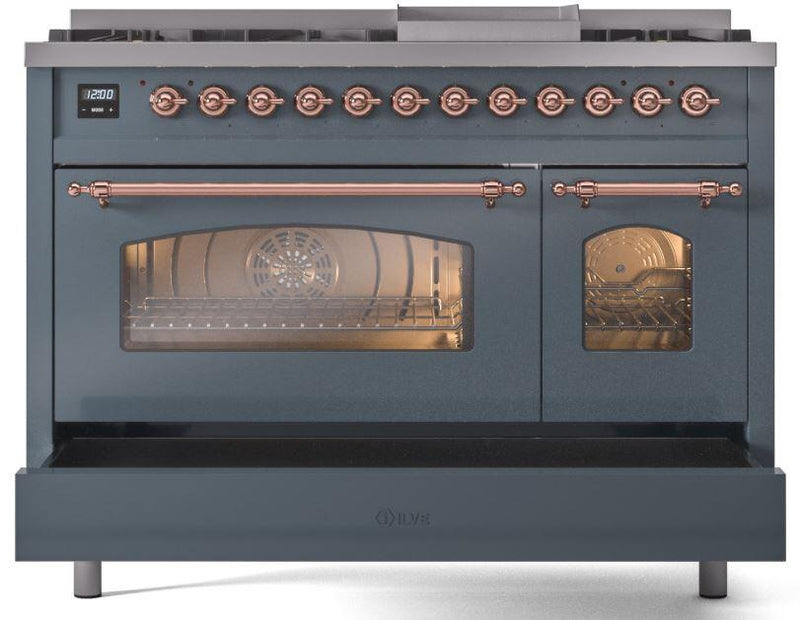 ILVE Nostalgie II 48-Inch Dual Fuel Freestanding Range with Removable Griddle in Blue Grey with Copper Trim (UP48FNMPBGP)