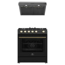 Forno 2-Piece Appliance Package - 30-Inch Gas Range & Under Cabinet Range Hood in Black with Antique Brass Trim