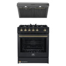 Forno 2-Piece Appliance Package - 30-Inch Gas Range & Under Cabinet Range Hood in Black with Antique Brass Trim