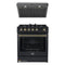 Forno 2-Piece Appliance Package - 30-Inch Gas Range & Under Cabinet Range Hood in Black with Antique Brass Trim