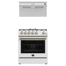 Forno 2-Piece Appliance Package - 30-Inch Gas Range & Under Cabinet Range Hood in White with Antique Brass Trim