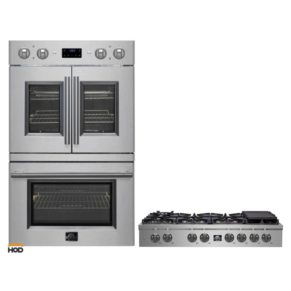 Forno 2-Piece Appliance Package - 48-Inch Spezia Gas Rangetop & 30-Inch French Door Double Wall Oven in Stainless Steel