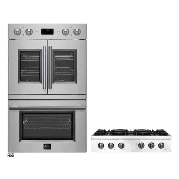 Forno 2-Piece Appliance Package - 36-Inch Lseo Gas Rangetop & 30-Inch Double Wall Oven in Stainless Steel