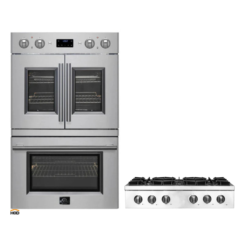 Forno 2-Piece Appliance Package - 36-Inch Lseo Gas Rangetop & 30-Inch Double Wall Oven in Stainless Steel