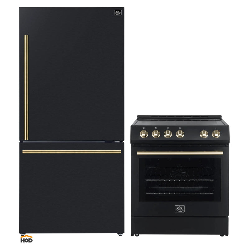 Forno 2-Piece Appliance Package - 30-Inch Espresso Electric Range & 31-Inch Refrigerator/Bottom Freezer in Black with Antique Brass Handle