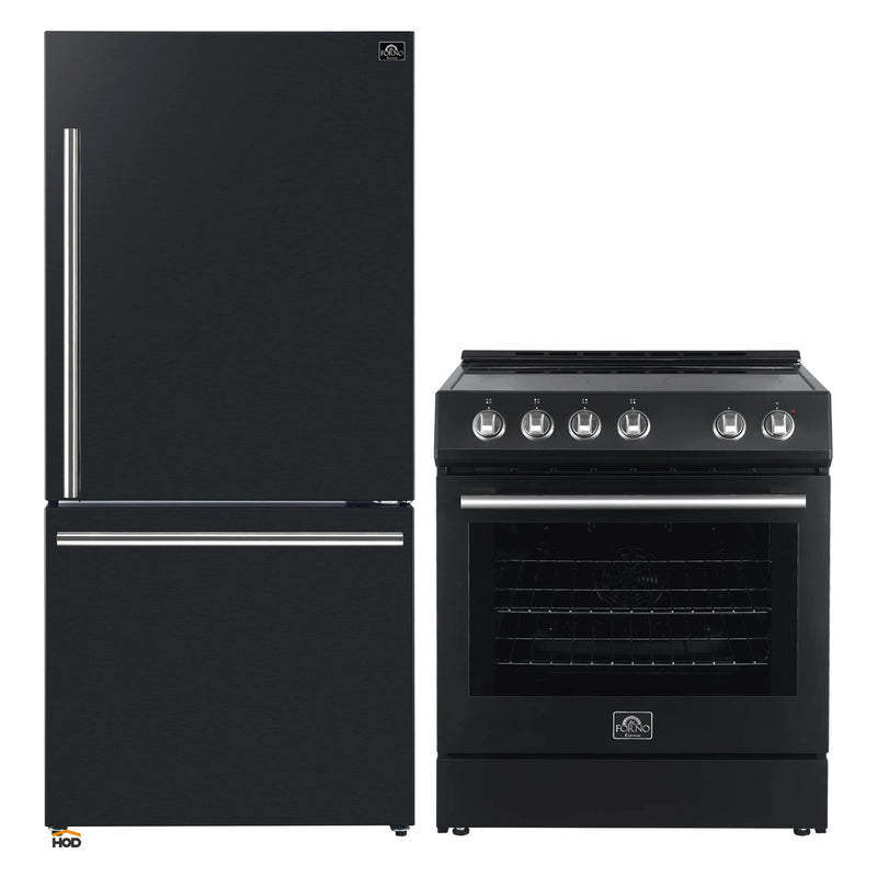 Forno 2-Piece Appliance Package - 30-Inch Espresso Electric Range & 31-Inch Refrigerator/Bottom Freezer in Black with Stainless Steel Handle
