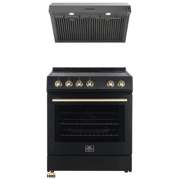 Forno 2-Piece Appliance Package - 30-Inch Espresso Electric Range & Under Cabinet Range Hood in Black with Antique Brass Handle