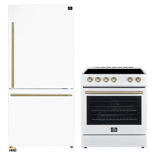 Forno 2-Piece Appliance Package - 30-Inch Espresso Electric Range & Under Cabinet Range Hood in White with Antique Brass Handle